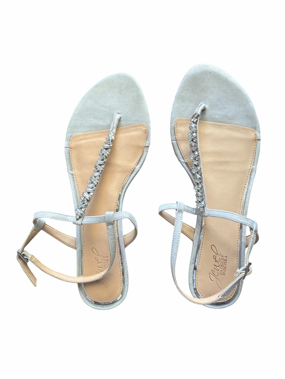 Jewel Badgley Mischka Silver and Tan Jeweled T-Strap Sandals